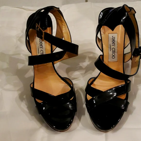 Black Patent Leather Open Toe Jimmy Choo Heels - Picture 1 of 4